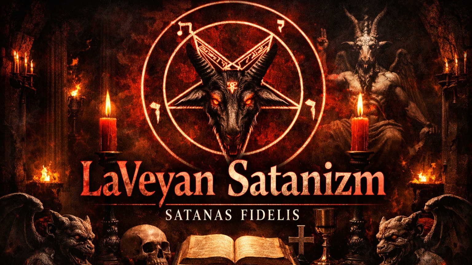 Anton LaVey’i ve LaVeyan Satanizm’i temsil eden, siyah ve kırmızı tonlarda sembolik modern Satanizm kapak görseli
